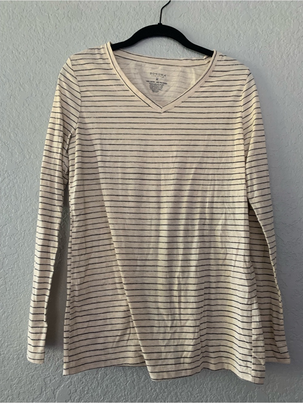 Sonoma Cream V-Neck Long Sleeve Top with Black Stripes